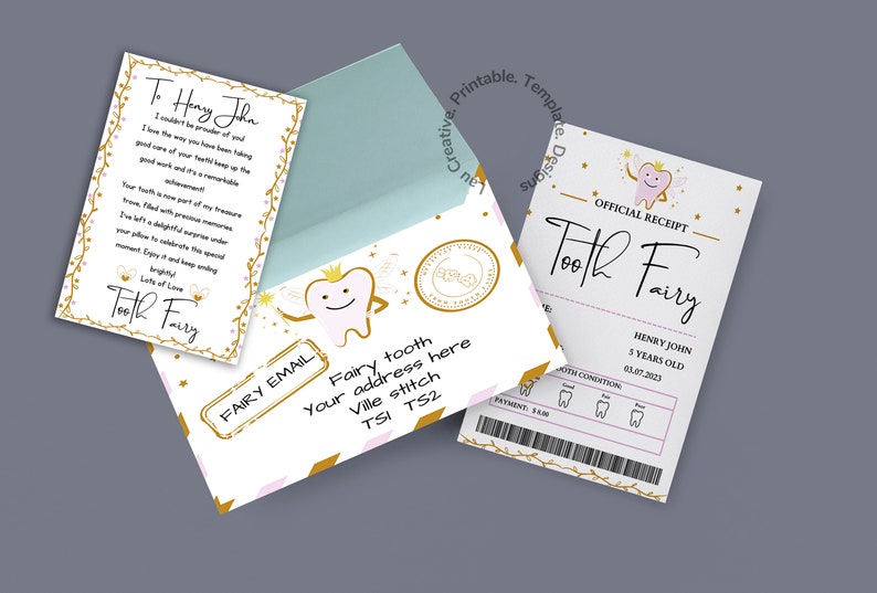 May include: A pink and gold tooth fairy envelope with a tooth fairy receipt. The receipt says "Official Receipt Tooth Fairy" and has a space for the child's name, age, and tooth condition. The envelope has a cartoon tooth with a crown and wings.