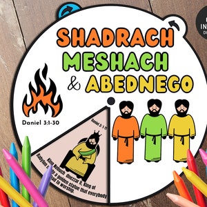 Shadrach, Meshach & Abednego Coloring Wheel, Printable Bible Activity, Watercolor, Kids Bible Lesson, Memory Game, Sunday School