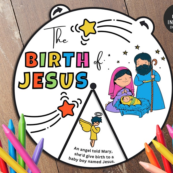 The Birth of Jesus Coloring Wheel, Nativity Christmas Activity, Kids Bible Lesson, Memory Game, Sunday School, Bible story wheel, Baby Jesus