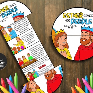 Puede incluir: Un colorido juego educativo para niños con el texto "Ester salva a su pueblo". El juego presenta ilustraciones de personajes y escenas bíblicas, con un icono descargable y crayones de colores.