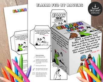 May include: A printable craft activity for kids featuring Elijah fed by ravens. The craft is a pop-up cube with a black and white illustration of Elijah and ravens. The cube has instructions for coloring, cutting, and assembling. The text on the cube includes the Bible verse 1 Kings 17:3-6.