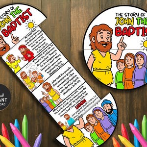 Op de afbeelding: Een kleurrijke, geïllustreerde educatieve knutselset voor kinderen met de titel "Het verhaal van Johannes de Doper". De set bevat een cirkelvormig ontwerp en een uittrekstrook met illustraties en tekst. De woorden "Direct downloaden" zijn ook zichtbaar.