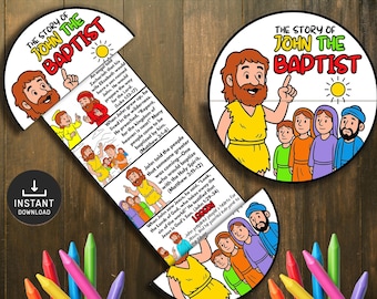 May include: A colorful, illustrated children's educational craft kit titled "The Story of John the Baptist." The kit includes a circular design and a pull-out strip with illustrations and text. The words "Instant Download" are also visible.