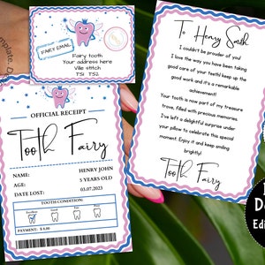 Mini juego de hada de los dientes imprimible azul con sobre, recibo y carta de hada, descarga instantánea y juego de hada de los dientes totalmente editable, enlace Canva