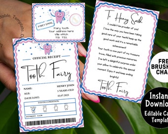 Printable Mini Tooth Fairy Set Blue with envelope, receipt and fairy letter, Instant Download and fully editable tooth fairy set, Canva link