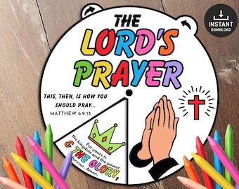 The Lord's Prayer Coloring Wheel, Bible Activity, Kids Bible Lesson, Memory Game, Sunday School, coloring wheel, Bible story wheel