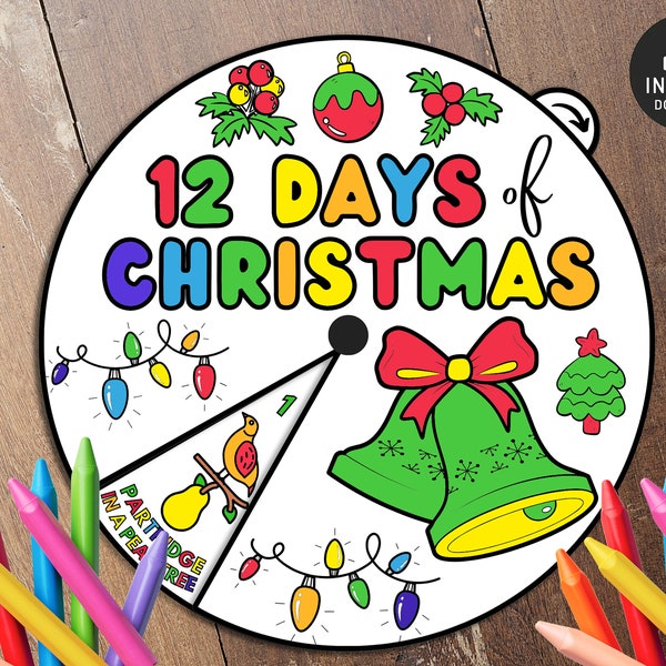 12 Days of Christmas Coloring wheel, Sunday school, Carol lessons, 12 days of Christmas, Illustrations, partridge pear tree, five gold rings