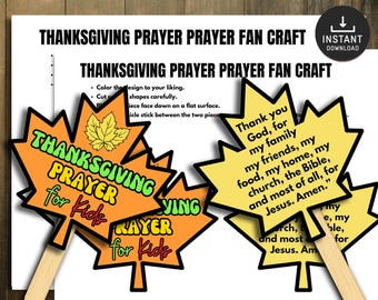 Op de afbeelding: Thanksgiving gebed fan knutselen voor kinderen. De afbeelding toont twee bladvormige fans met de woorden "Thanksgiving Prayer for Kids" in oranje en groen. Eén fan heeft een gebed erop gedrukt.