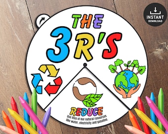 May include: A colorful wheel with the words "THE 3R'S" in the center. The wheel is divided into three sections: Reduce, Reuse, and Recycle. Each section has a corresponding image. The Reduce section has a brown and green leaf, the Reuse section has a recycling symbol, and the Recycle section has a green globe with trees growing out of it. The text "REDUCE" is written below the leaf and says "use less of our natural resources like water, electricity and gasoline."