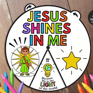 Jesus Shines in me Coloring Wheel, Printable Bible Activity, Kids Bible Lesson, Memory Game, Sunday School, Sunday School Craft, Bible craft