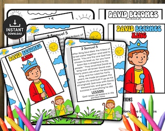 May include: Coloring pages with the text "David Becomes King" featuring illustrations of a king, sun, clouds, and sheep. The pages include text from 2 Samuel 5 and are accompanied by colored pencils.
