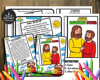 May include: Printable Bible lesson pages featuring the text "John 21:15-19" and "Jesus Restores Peter". The pages include illustrations of Jesus and Peter, with instructions for colouring, cutting, and gluing. Includes a download icon.