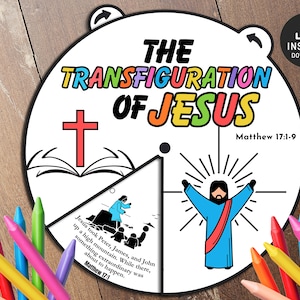 Roda de colorir a transfiguração de Jesus, artesanato de Páscoa, lições bíblicas, jogo da memória, escola dominical, girador de colorir, roda de história bíblica