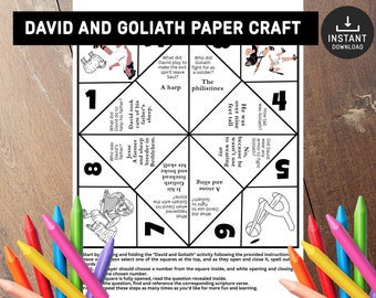 May include: A black and white printable paper craft activity for kids featuring the story of David and Goliath. The paper craft is a foldable cube with questions and answers about the story. The cube is decorated with illustrations of David, Goliath, and a sheep.