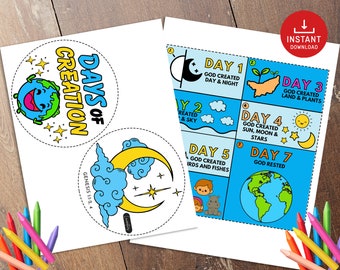 Tage der Schöpfung Bibelgeschichte Aktivität, Sonntagsschule Handwerk, bedruckbares Papierhandwerk, Kinder Bibelstunde, Bibelaktivität, christliche Kinder Handwerk