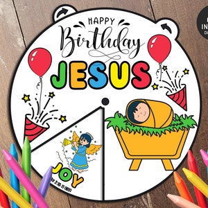 Happy Birthday Jesus Christmas Coloring Wheel, Nativity Sunday School Activity, Kids Church Christmas Story, Advent, Kids Printable Craft