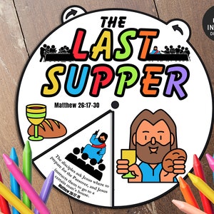 The Last Supper Coloring Wheel Easter Bible Story Lesson Wheel, Holy Week Bible Activity, Memory Game, Sunday School, Bible Spinner Lesson