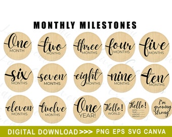 16 Baby Monthly Milestone svg Bundle , Baby Monthly Milestone Rounds SVG ,Glowforge Cricut & Silhouette, Hello World Svg, Baby Svg cut files