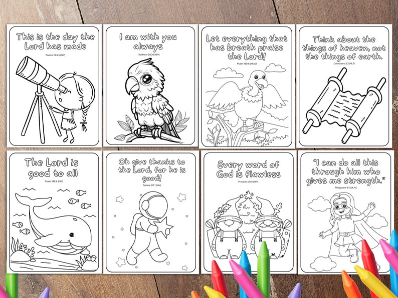 May include: A set of 8 black and white colouring pages featuring bible verses and illustrations. The illustrations include a telescope, a parrot, a bird, a scroll, a whale, an astronaut, two gnomes, and a girl with a cape.