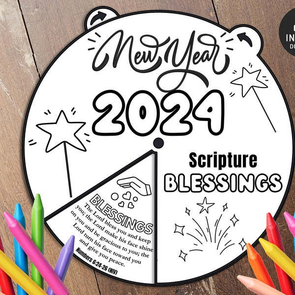 New Year 2024 Blessing Coloring Wheel, Bible Activity, Kids Bible Lesson, Memory Game, Sunday School Coloring spinner, New Year Craft