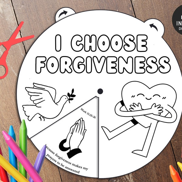 Forgiveness Scripture Coloring Wheel, Printable Bible Activity, Forgiveness, Kids Bible Lesson, Memory Game, Sunday School