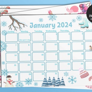 May include: A printable January 2024 calendar with a winter theme. The calendar features snowflakes, a snowman, a tree, and a hat and mittens. The text "January 2024" is at the top of the calendar.