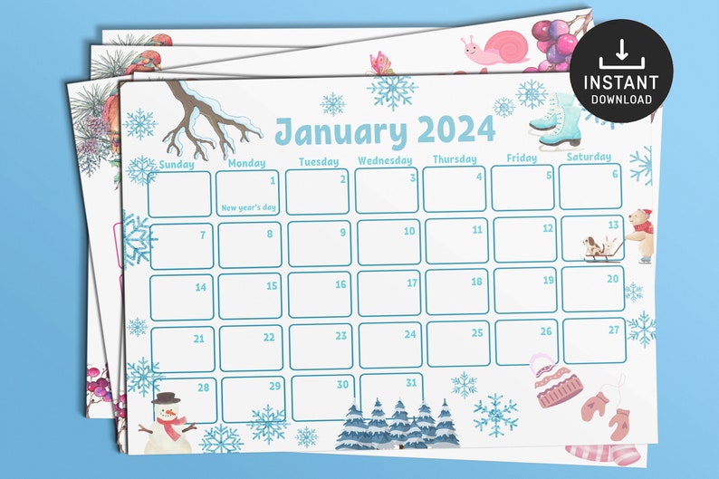 May include: A printable January 2024 calendar with a winter theme. The calendar features snowflakes, a snowman, a tree, and a hat and mittens. The text "January 2024" is at the top of the calendar.