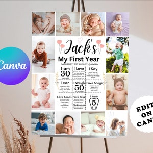 EDITABLE First Birthday Milestone Sign, Modern 1st Birthday Milestone Poster, One Year Photos Baby Milestone Board, Printable Template.