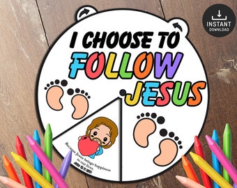 May include: A printable coloring page featuring a spinning wheel with the words "I Choose to Follow Jesus" in colorful letters. The wheel also includes a picture of a person holding a heart and the Bible verse "Because Jesus brings happiness to our lives. John 15:11 (NIV)".