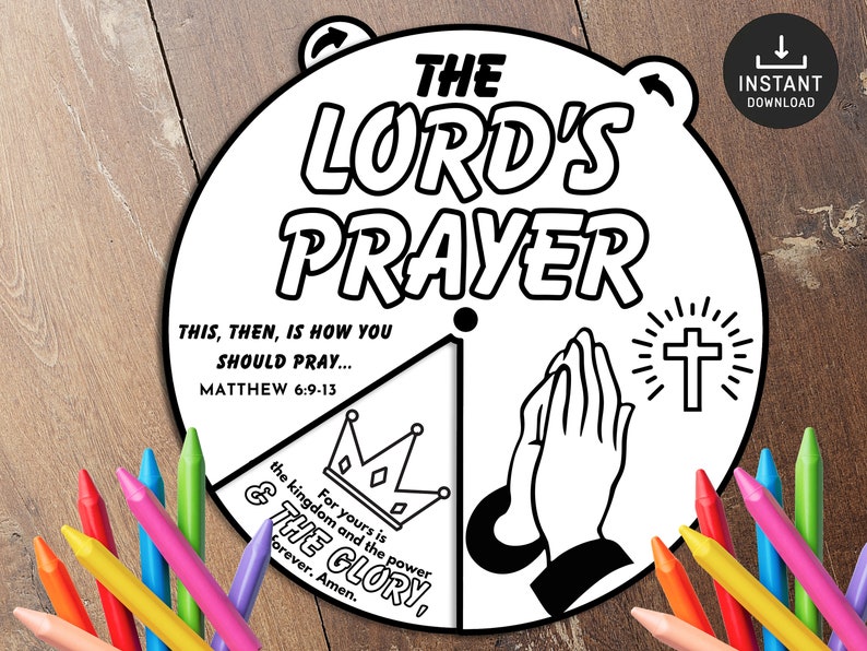 Pode incluir: P&aacute;gina para colorir imprim&iacute;vel em preto e branco com um design circular com o texto "The Lord's Prayer" e uma roda de ora&ccedil;&atilde;o com o texto "This, then, is how you should pray... Matthew 6:9-13" e "For yours is the kingdom and the power and the glory forever. Amen."