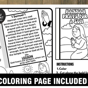 Peut inclure: Page de coloriage en noir et blanc avec le texte de 1 Samuel 1 et l'expression &laquo; Hannah prie pour un fils &raquo;. La page comprend des illustrations de mains en pri&egrave;re, de nuages et d'une femme en pri&egrave;re. Le texte &laquo; Page de coloriage incluse &raquo; est en bas.