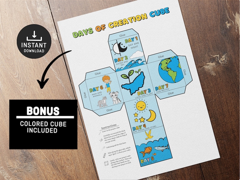 May include: A printable template for a creation cube. The cube has six sides, each with a different day of creation from the Bible. The days are illustrated with simple drawings and text. The template includes instructions for assembling the cube.