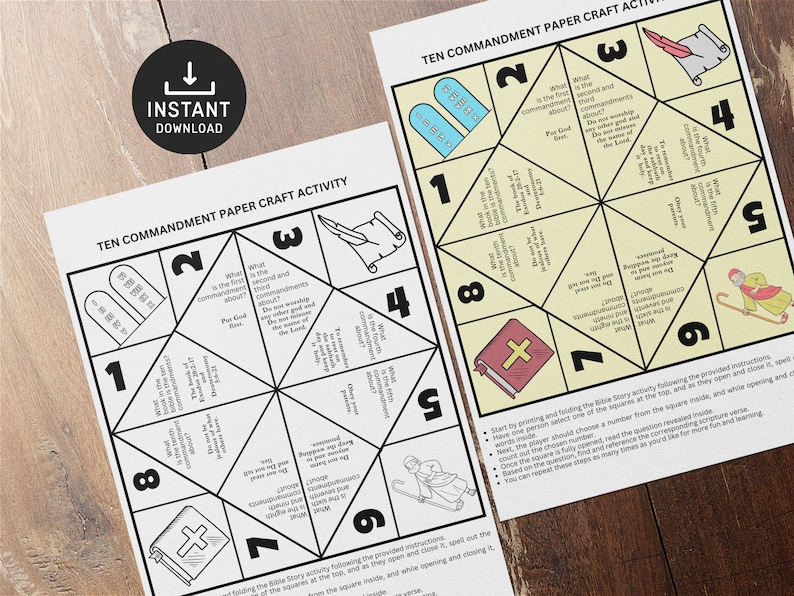 May include: A printable Ten Commandments paper craft activity for kids. The activity includes a fold-and-play game with questions about the Ten Commandments and corresponding Bible verses. The game features colorful illustrations of the Ten Commandments, a scroll, a quill pen, a book with a cross, and a person riding a sled.