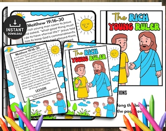 May include: A coloring page set with the text "The Rich Young Ruler" and Bible verses from Matthew 19:16-30. The illustrations depict Jesus and a young man, along with sun and cloud graphics. The set includes the words "Instant Download".