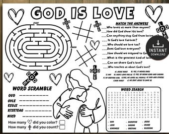 God is Love Activity Placemat,  Bible activity, Sunday School, Bible Placemat, Church Kid Activity, Sunday School craft, Bible Craft, Love
