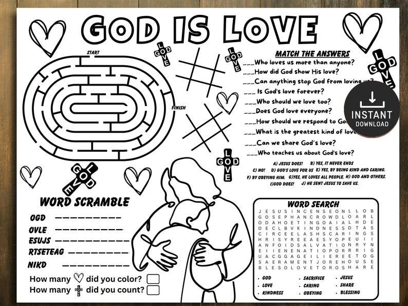 God is Love Activity Placemat, Bible Activity, Sunday School, Bible