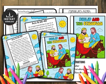 May include: A collection of printable Bible story pages featuring the story of Philip and the Ethiopian. The illustrations are in a cartoon style with bright colors and include text from Acts 8:26-40. The pages are designed for coloring and include instructions.