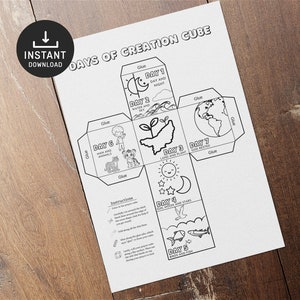 May include: A printable black and white craft template for a creation cube. The cube has seven sides, each depicting a day of creation from the Bible. The sides are labeled "Day 1 Day and Night", "Day 2 Water and Sky", "Day 3 Land and Plant", "Day 4 Sun, Moon and Stars", "Day 5 Birds and Fish", "Day 6 Man and Animals", and "Day 7 God Rested".