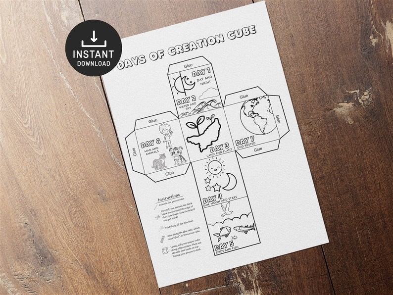 May include: A printable black and white craft template for a creation cube. The cube has seven sides, each depicting a day of creation from the Bible. The sides are labeled "Day 1 Day and Night", "Day 2 Water and Sky", "Day 3 Land and Plant", "Day 4 Sun, Moon and Stars", "Day 5 Birds and Fish", "Day 6 Man and Animals", and "Day 7 God Rested".