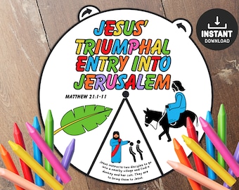 Palm Sunday Coloring Wheel, Jesus Palm Sunday, Triumphant Entry to Jerusalem, Church Kids Activity, Sunday School Activities, Coloring Wheel
