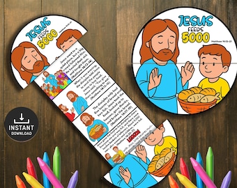 May include: A children's craft with illustrations of Jesus feeding a crowd, with the text "JESUS FEEDS 5000." The image includes the words "INSTANT DOWNLOAD" and a collection of colorful crayons. The craft is designed for children.
