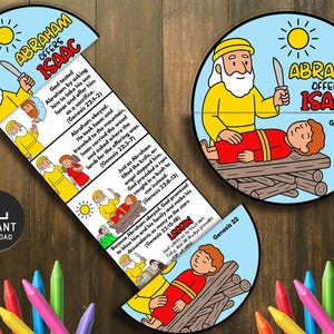 Op de afbeelding: Een kleurrijke geïllustreerde educatieve bron die het bijbelse verhaal van Abraham die Isaak offert, weergeeft. De afbeelding bevat cartoon illustraties van Abraham, Isaak en een engel, met tekst uit Genesis 22. Bevat de tekst "Direct downloaden".