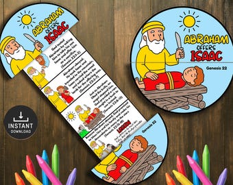 May include: A colorful illustrated educational resource depicting the biblical story of Abraham offering Isaac. The image features cartoon illustrations of Abraham, Isaac, and an angel, with text from Genesis 22. Includes the text "Instant Download".
