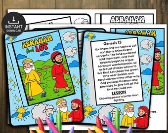 Może przedstawiać: Kolorowanki przedstawiające historię Abrahama i Lota, z ilustracjami postaci i owiec. Tekst zawiera werset biblijny z Księgi Rodzaju 13 i lekcję "Wybieranie pokoju jest lepsze niż walka."
