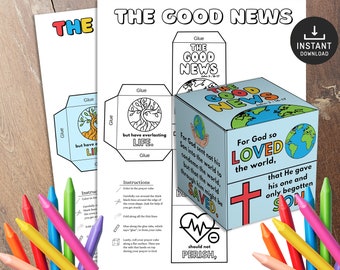 The Good News John 3:16 Coloring Cube, Bible Activity, Gospel, Kids Bible Lesson, Memory Game, Sunday School, Coloring Wheel, Paper crafts