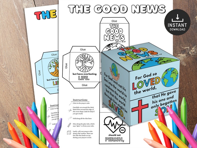 May include: A printable craft activity for kids to learn about the good news of the Bible. The craft is a cube with different Bible verses and images on each side. The cube is blue and white with a red cross and a heart. The craft is designed to be colored and glued together.