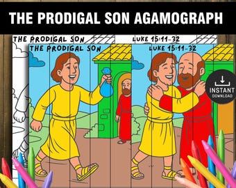 May include: A colorful agamograph featuring illustrations from the parable of the Prodigal Son. The image shows two scenes: a figure holding a bag and another embracing a man. Text includes "The Prodigal Son" and "Luke 15:11-32".