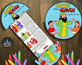 Może przedstawiać: Kolorowy wydruk edukacyjny z ilustracjami i tekstem o „Manna z nieba” z Księgi Wyjścia 16:4-36. Projekt zawiera okrągły obraz i element układanki z tekstem i ilustracjami, a także ikonę pobierania.