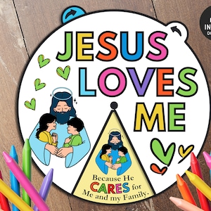 Jesus Loves Me Coloring Wheel, Printable Bible Activity, Watercolor, Kids Bible Lesson, Memory Game, Sunday School, Coloring Wheel