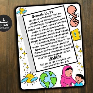 Pode incluir: Um cart&atilde;o de li&ccedil;&atilde;o b&iacute;blica ilustrado colorido com o texto "G&eacute;nesis 16, 21". O cart&atilde;o apresenta ilustra&ccedil;&otilde;es de um sol, um globo, um livro e pessoas. O texto descreve uma hist&oacute;ria b&iacute;blica sobre Abra&atilde;o, Sara e seus filhos.